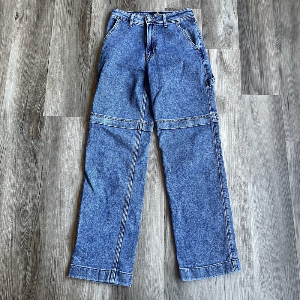 Hollister Ultra High Rise Dad Jean 7R W25 L31 Carpenter Double‎ Knee Blue Denim